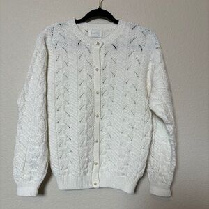 Jantzen USA Vtg White Pearl Button Long Sleeve Cardigan Sweater Women M